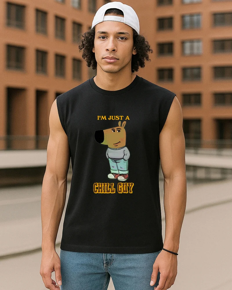 bewakoof Men's Jet Black Chillguy Graphic Printed Oversized Vest